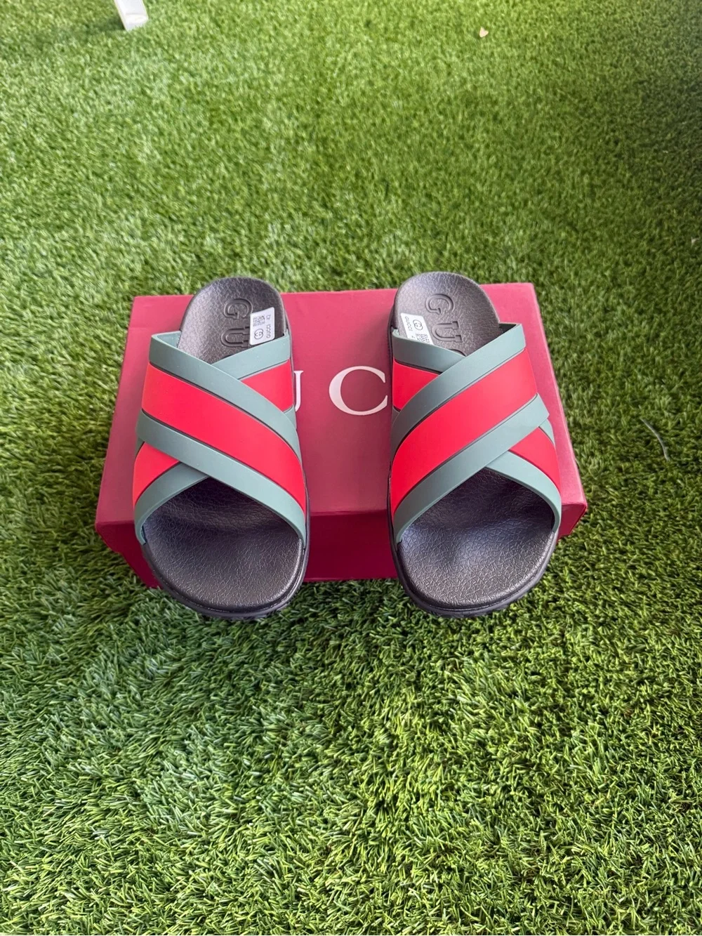 Gucci Men’s Red and Green Cross-Strap Slide Sandals